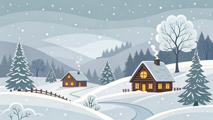 Fototapeta premium Charming winter scene with cozy houses and snowfall in a serene landscape