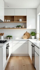 Sleek white kitchen cabinets, open shelving, modern appliances, minimalist kitchen, house
