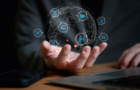 Business person point and manage online e-commerce business logistic supply chain in digital online dashboard. Global worldwide logistic management for online shopping with warehouse inventory