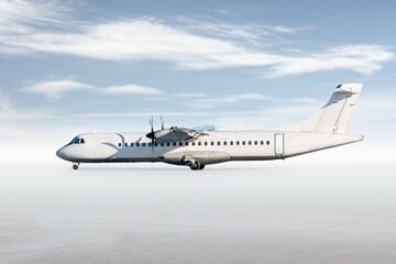 White passenger turboprop airliner isolated on bright background with sky