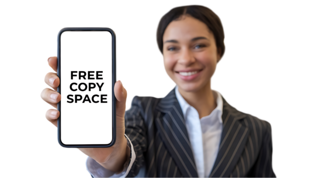 Woman holding phone with text overlay - Powered by Adobe