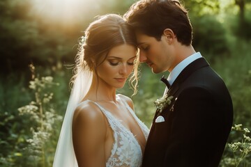 Couple Sharing a Romantic Moment During Sunset at an Outdoor Wedding Celebration in the Countryside