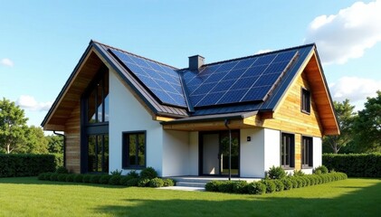 Solar array seamlessly blends with contemporary gable roofline, solar system, architecture photography