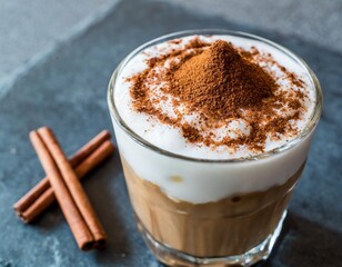 Iced Coffee Drink with Milk Foam and Cinnamon Powder Trendy
