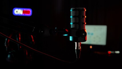 Podcast Microphone in Neon Studio