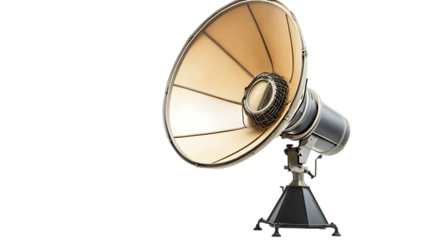 A professional studio light is displayed with a large metal reflector and protective grill, set against a background.