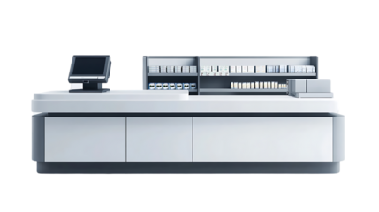 Modern pharmacy checkout counter showcasing medicine and point of sale system