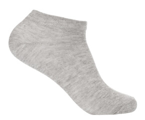 Single grey low cut ankle sock on a foot mannequin isolated