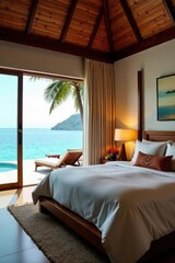 Stunning bedroom view, tropical pool villa interior design , pool view, bedroom interior