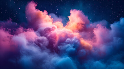 Celestial Cloudscape: a vibrant, surreal depiction of a cloudscape bathed in the colors of dusk, where pink, orange, and blue blend to create a dreamy ambiance.
