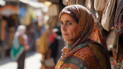 Obraz premium Portrait of a Woman in Colorful Headscarf at a Vibrant Traditional Market Scene