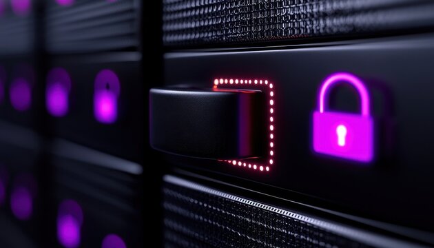 Close-up of a secure server with glowing padlock and data protection concept.