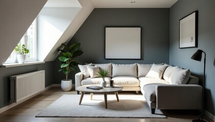 Stylish grey attic living room with comfortable sofa and natural light , comfortable seating, architecture