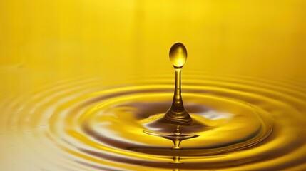 Oil droplet on liquid surface circle curve wave gold gloss light reflection smooth glowing and shine pouring yellow sunset.