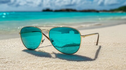 Turquoise Aviator Sunglasses on Sandy Beach
