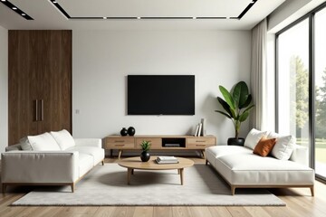 Stylish minimalist living room, neutral palette, contemporary, white