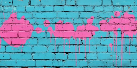 Fototapeta premium Pink paint splatters on blue brick wall