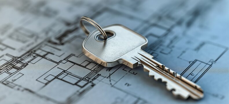Key Set Placed on Architectural Blueprints in a Workspace for Planning and Design Projects