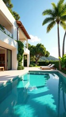 Sun-drenched villa, expansive pool, lavish interior, real estate, estate