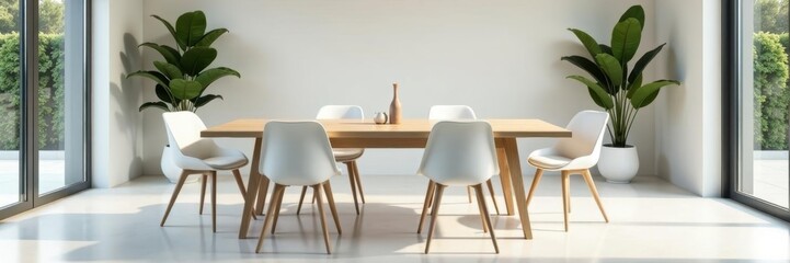 Sleek white chairs surround a modern dining table , interior, white
