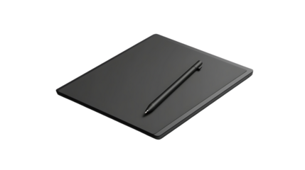 A black graphics tablet with a stylus is seen closely