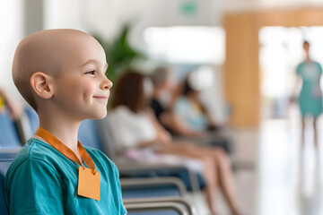 brave young boy with chemotherapy-induced baldness wearing gold awareness ribbon