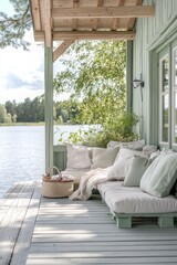 Fototapeta premium Lakeside porch seating area, sunny day, wooden deck, relaxing view