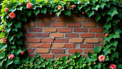 Overgrown brick wall covered in vines and flowers, overgrowth, flower, rustic