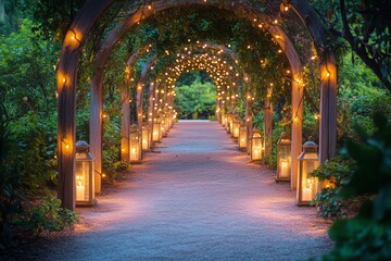 Fototapeta premium Stunning Garden Pathway Illuminated by Candles and Fairy Lights at Twilight in an Enchanting Setting
