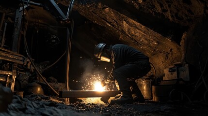 Focused metal worker welding beam in confined space with bright light sparks