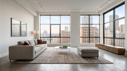 Fototapeta premium Modern living room with large windows showcasing city view, featuring comfortable sofa, coffee table, and stylish decor
