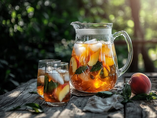 Two glasses and a large carafe filled with cold peach tea sit on an old wooden table outside.