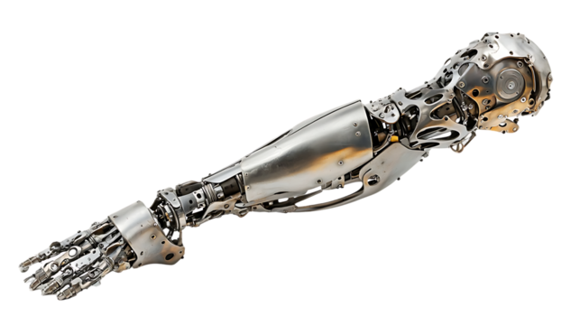 Detailed metallic robotic arm with complex internal mechanism visible - Powered by Adobe