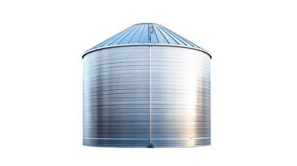 Large metal grain bin sits against a black background