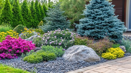 Landscaped garden bed with colorful flowers, shrubs, and rocks.  Exterior home design
