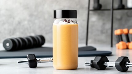 Vibrant Orange Juice Bottle Next to Colorful Lollipop on Bright Table