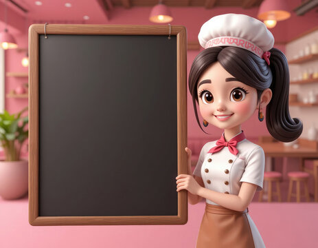 Cartoon Chef Holding Menu Chalkboard in Pink Restaurant Ready for Promotion