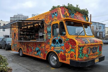 Colorful Taco Truck Adorned With Dia De Los Muertos Designs Lights up the Night at a Bustling Street Gathering
