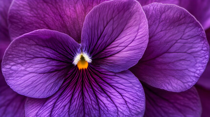 Close-up of a vibrant purple pansy flower, showcasing its intricate petals and striking yellow center.

