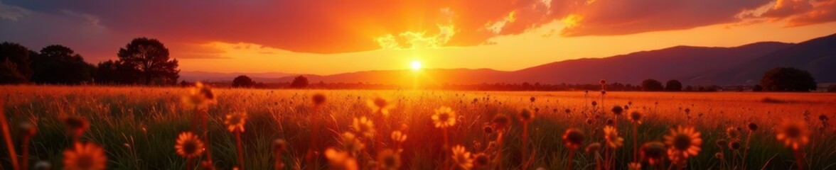 Golden meadow sunset, long shadows, orange to purple sky transition,  rural,  peaceful,  dusk