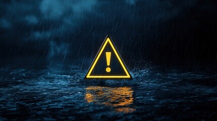 Severe weather alert concept: A glowing yellow triangle with an exclamation mark, warning of an approaching thunderstorm.