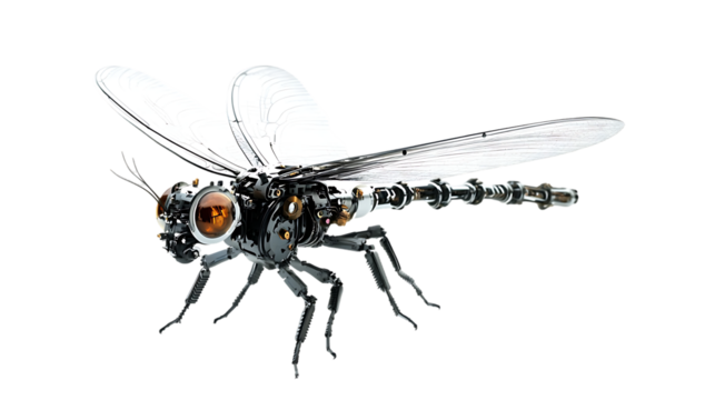 A mechanical dragonfly with intricate internal workings is showcased
