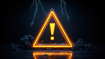 Severe weather alert concept: A glowing yellow triangle with an exclamation mark, warning of an approaching thunderstorm.