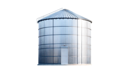 Tall cylindrical metallic grain silo with a door stands alone