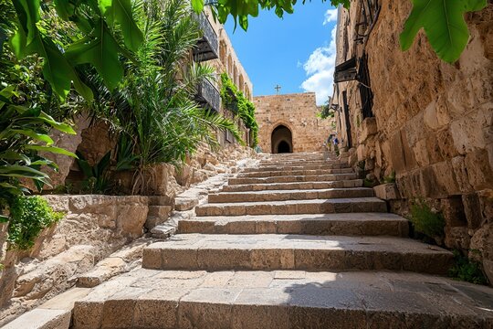 Church holy sepulchre city worship. Narrow stone stairs leading through an ancient architecture pathway.