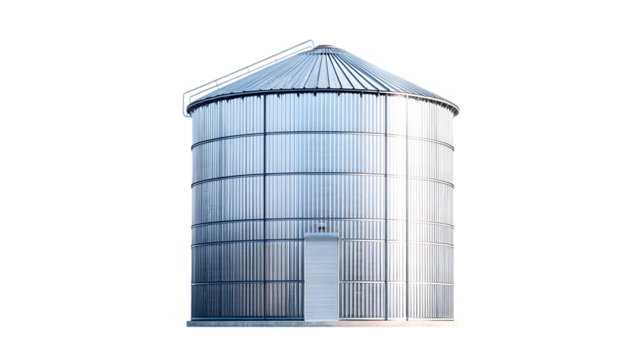 Tall cylindrical metallic grain silo with a door stands alone