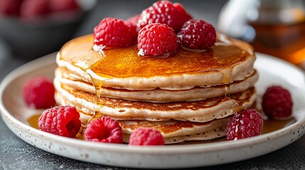 Delicious Pancakes with Raspberries and Syrup