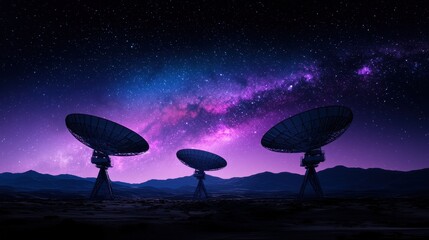 Silhouetted satellite dishes in a barren desert, backlit by a galaxy-rich night sky, conveying futuristic technology and data transmission.