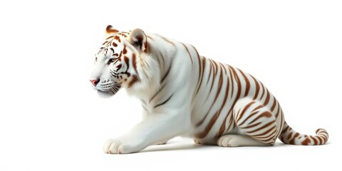 Fototapeta premium Majestic white tiger isolated on pure white background, sitting, stripes