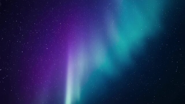 Vibrant aurora borealis displaying purple and teal hues across a starry night sky
